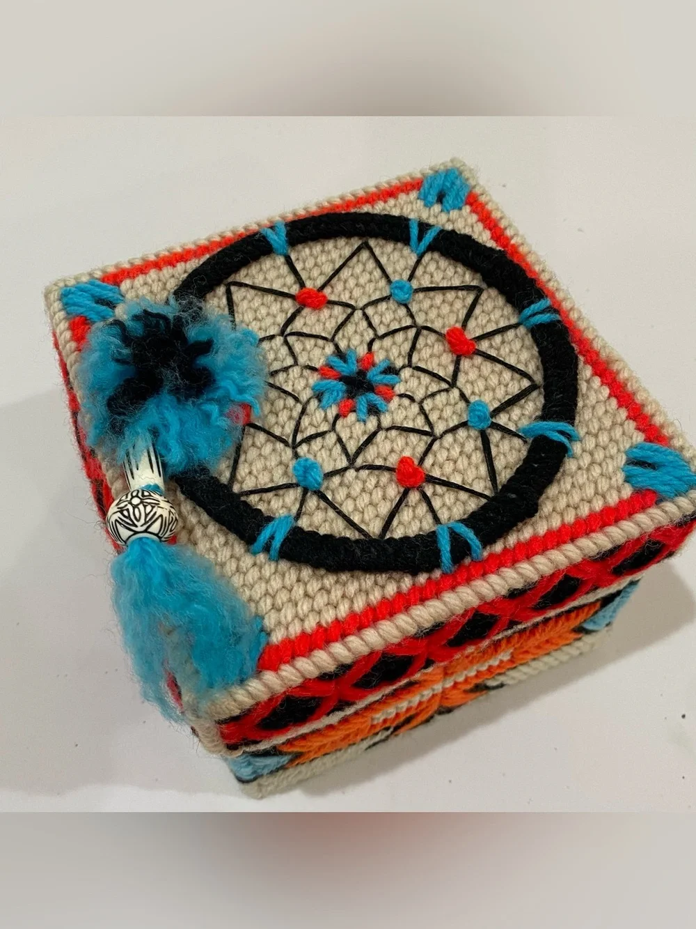 Vintage Southwestern Dream Catcher Finished Plastic Canvas Square Box Cover